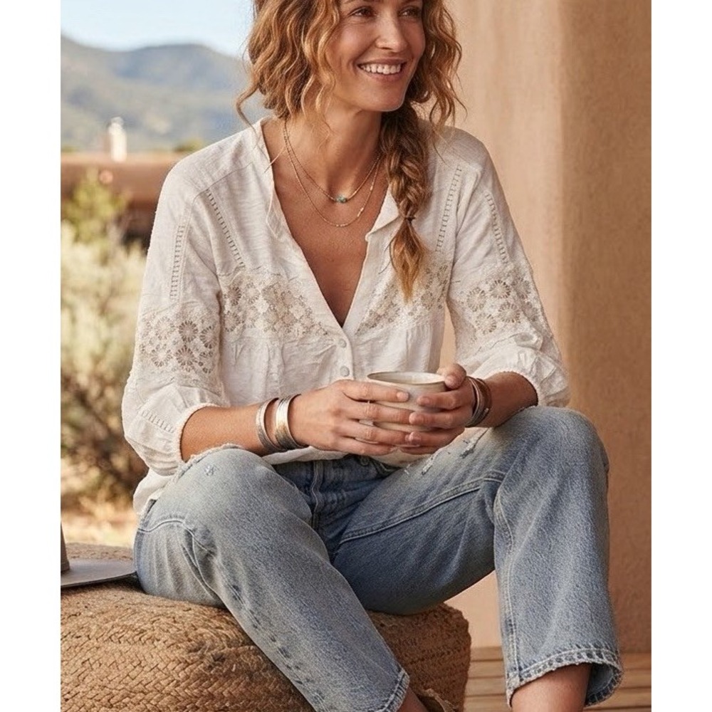 Sundance Henley Top Womens Sz Small White Crinkle w/Crochet Trim Boho Cottage